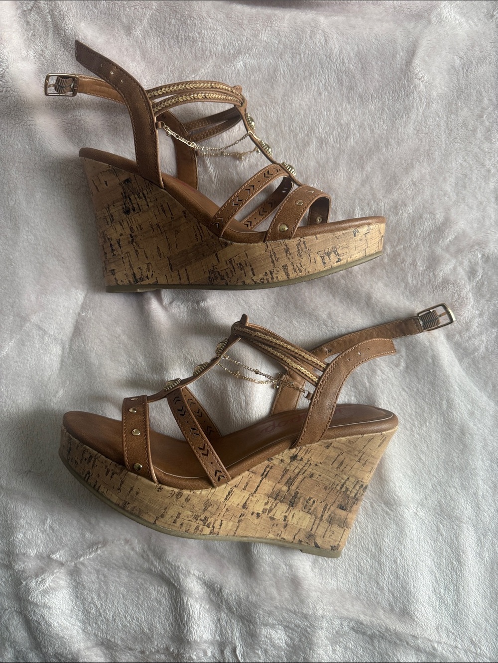 Jellypop Brown Cork Wedge Sandals with Chain Detail